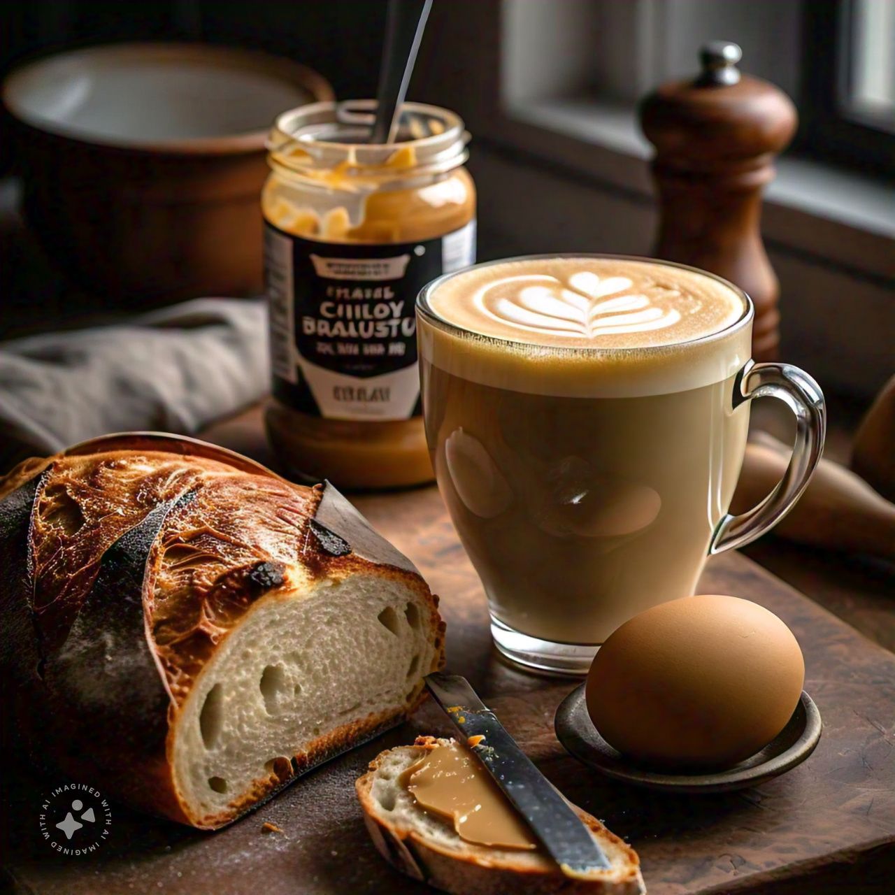 Fresh Bread, coffee, peanut Butter and Boiled egg