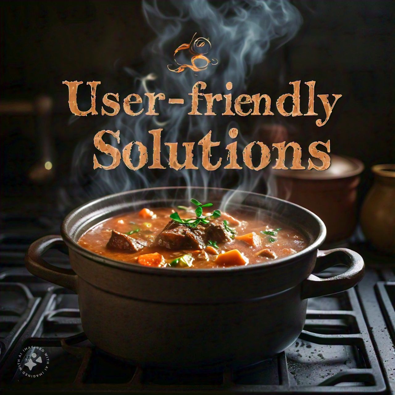 Stew pot on stove with steam that spells out User-friendly Solutions