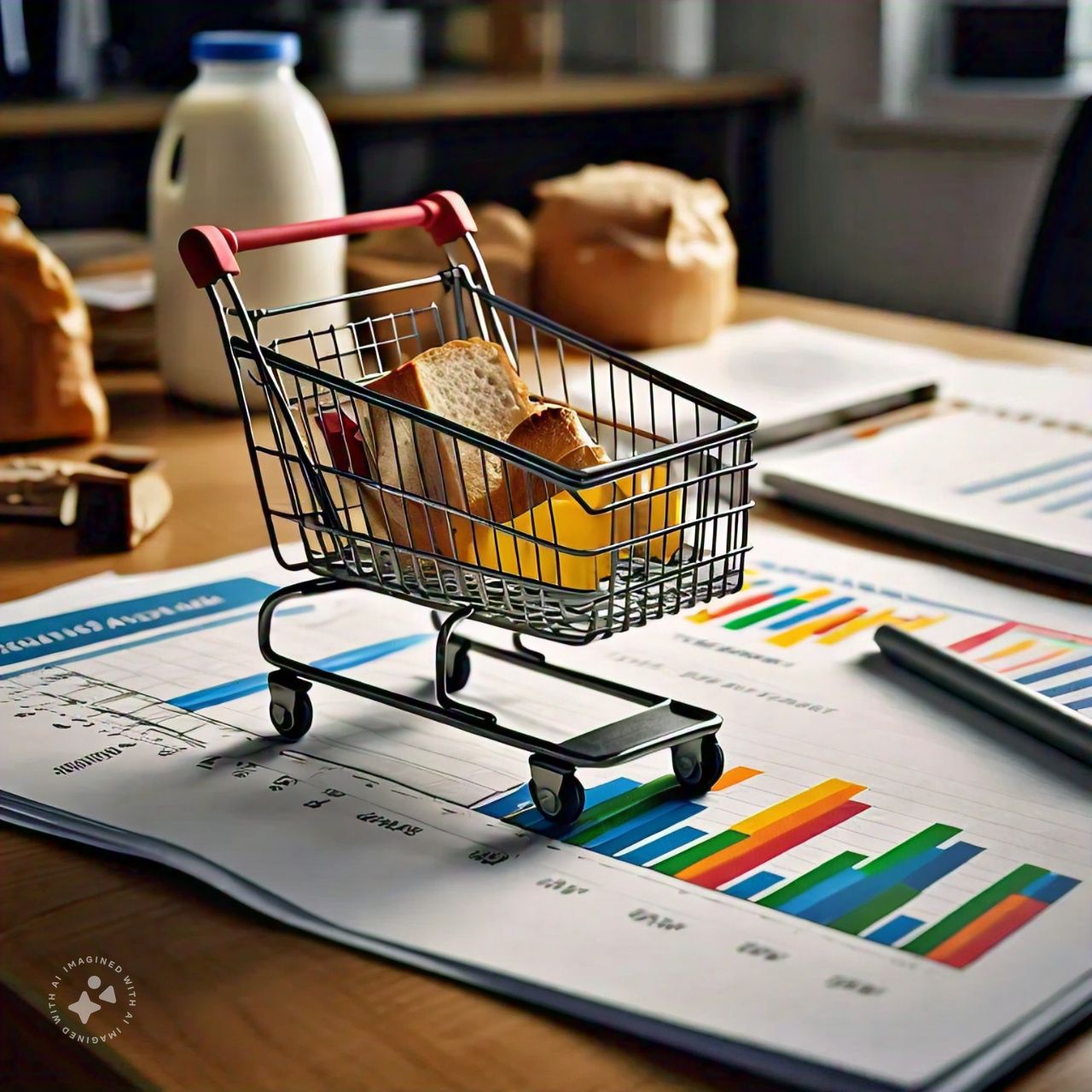 Small trolley on a paper with data charts